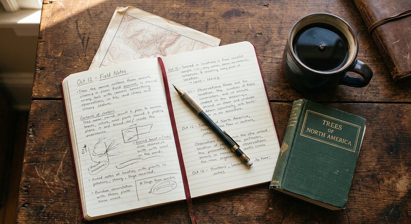 Open notebook, field-notes aesthetic, dark coffee, field guide — a working desk