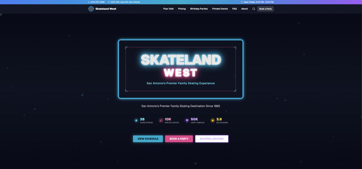 Skateland West homepage — neon signage on a dark field